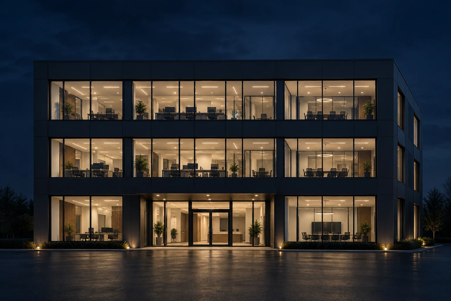 Визуализация современного офисного здания с тремя этажами
